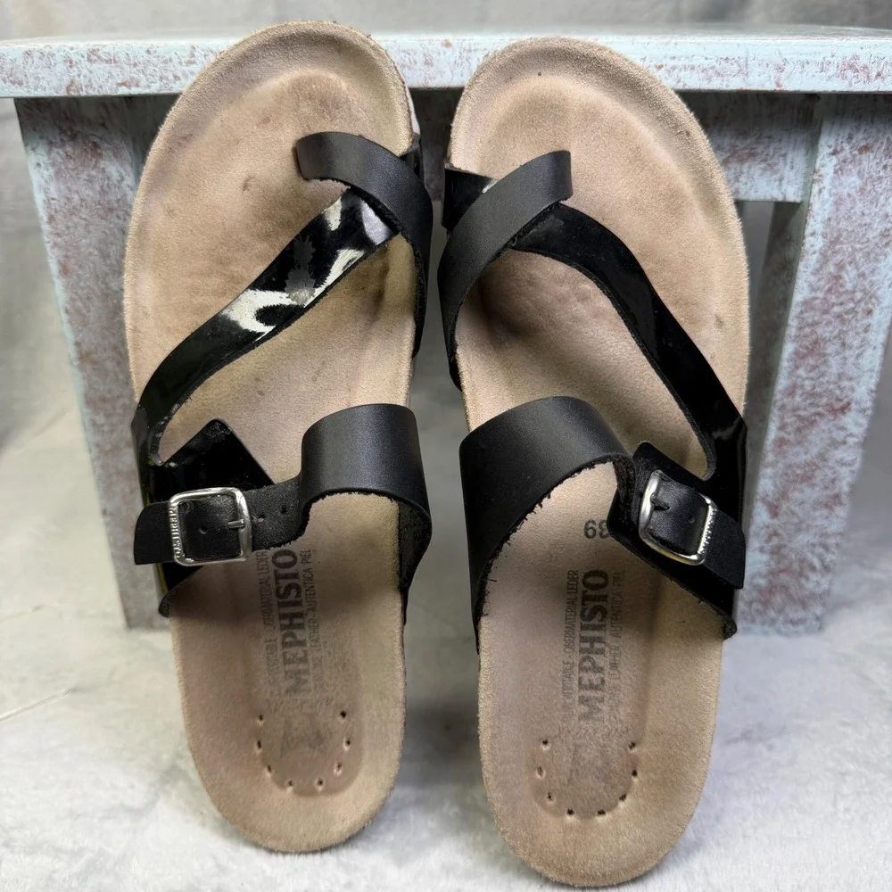 Mephisto Helen Sandal Womens 39 Black Patent Leather Cork Footbed Slide Buckle
